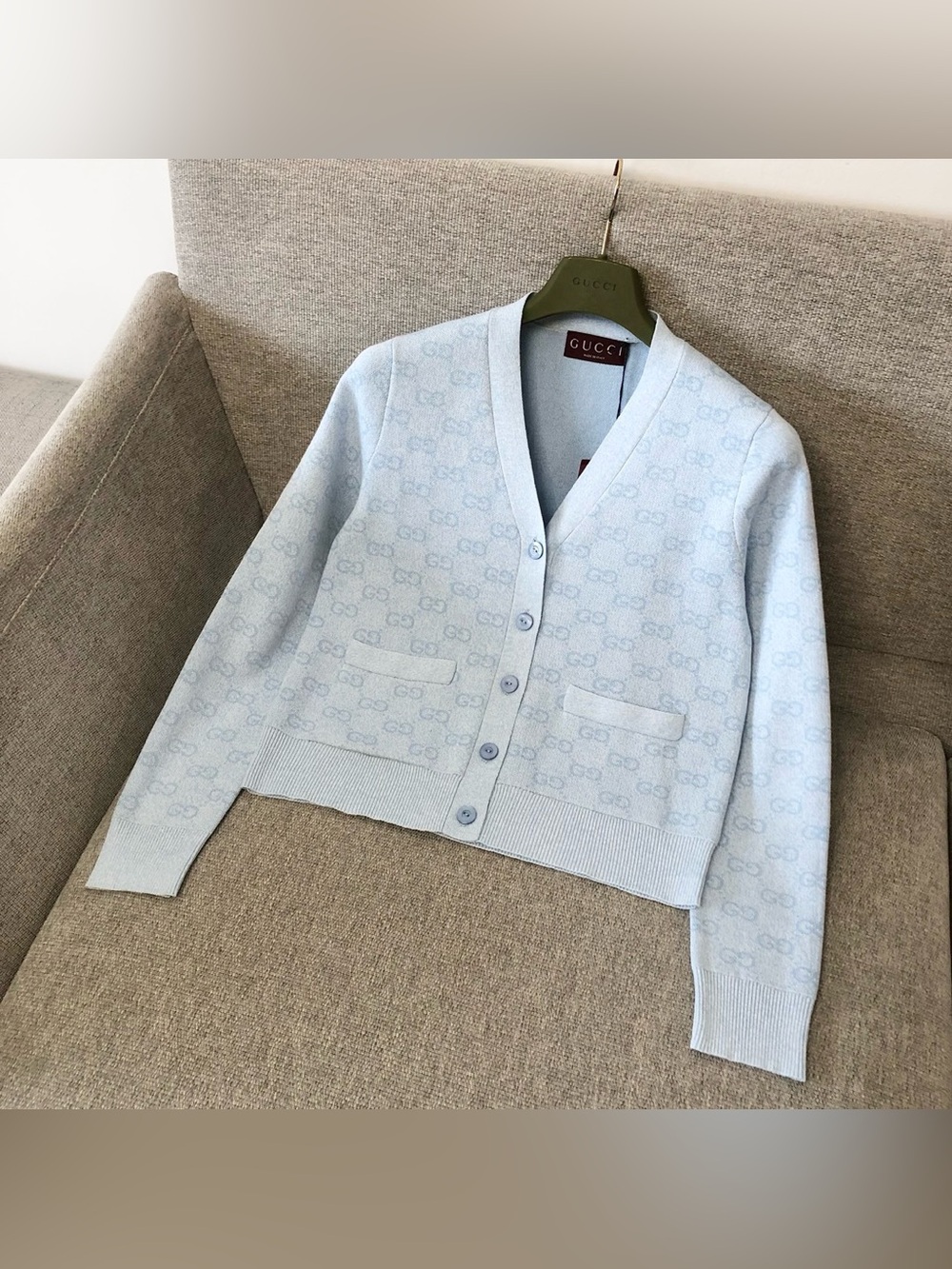 Gucci Light Blue GG Monogram Jacquard Cropped V‑Neck Knit Cardigan - Picture 1 of 9